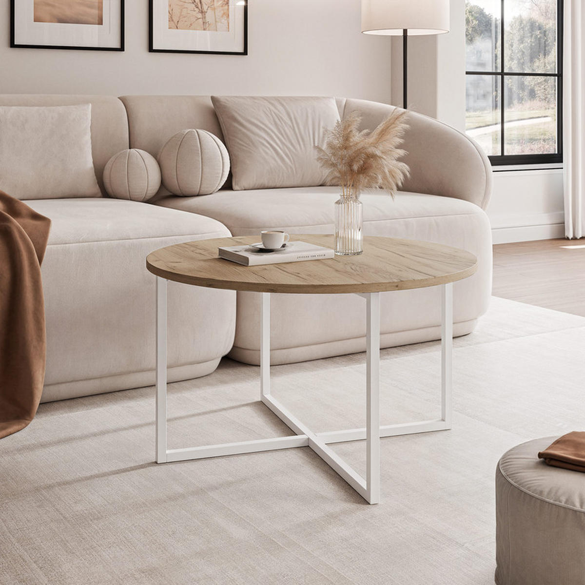 COUCHTISCH BESARO 75/47 cm runden, Weiß / Goldeiche - Eichefarben/Weiß, Metall (75/75/47cm) - Idohome