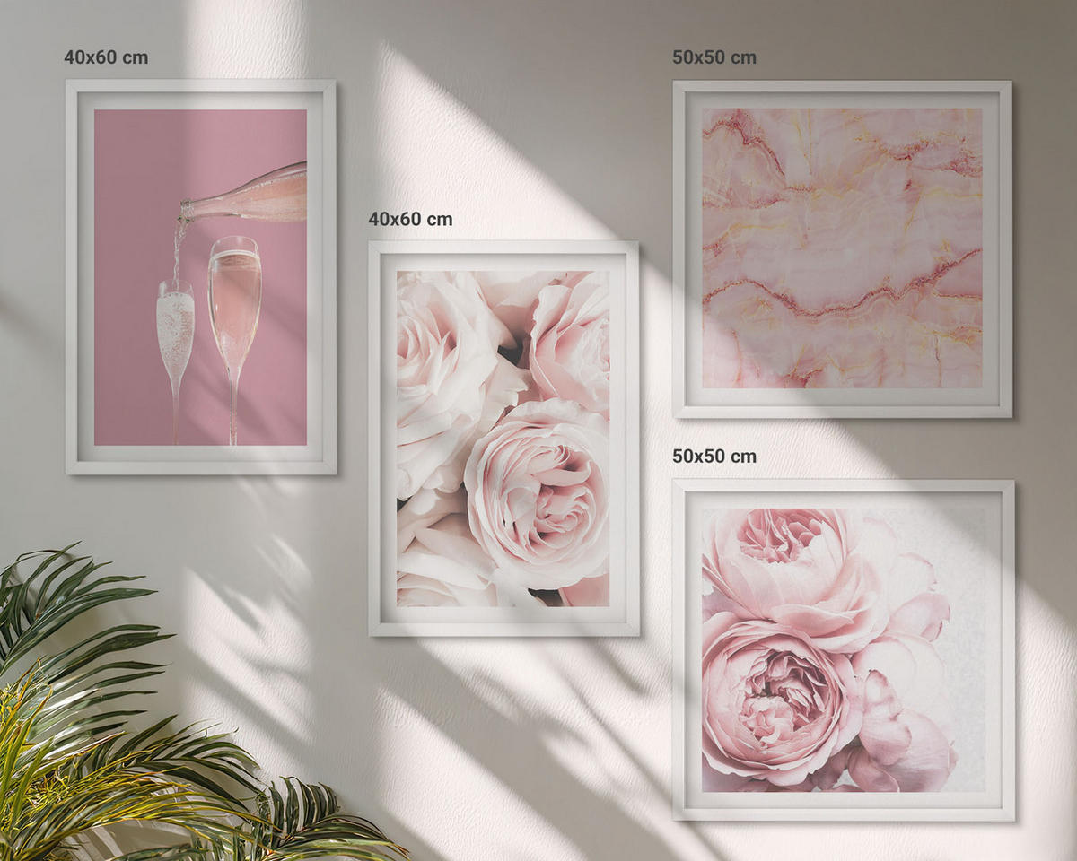 BILDER SET 4er Set - 50x50 cm & 40x60 cm Weißer Rahmen - Rosen, Champagner, Marmor, Pastell - Weiß, Kunststoff (50/50cm) - TULUP