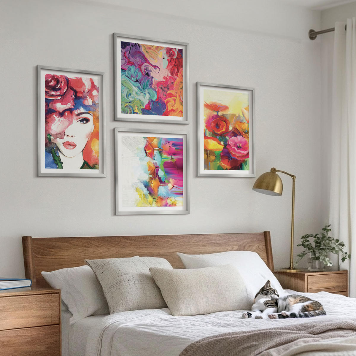 BILDER SET 4er Set - 50x50 cm & 40x60 cm Silberner Rahmen - Porträt von Blumen in intensiven Farben - Silberfarben, Kunststoff (50/50cm) - TULUP