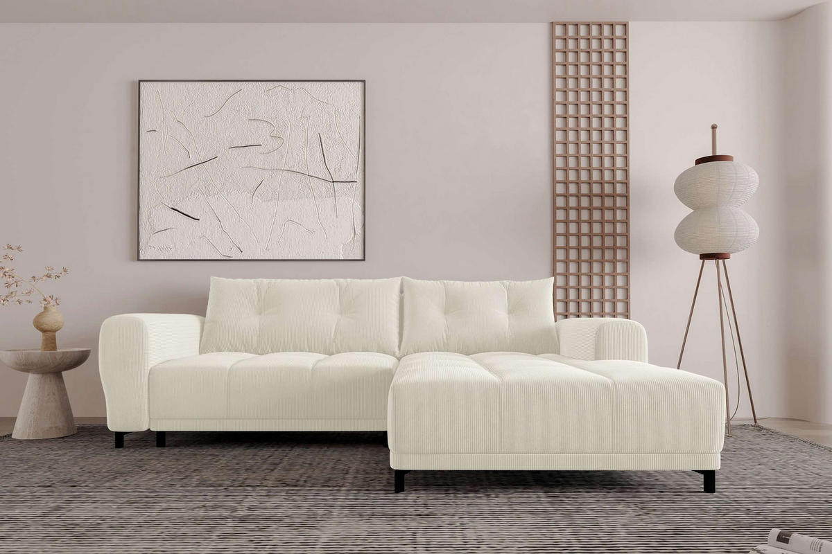 ECKSOFA Massimo Cordstoff Creme inkl. Schlaffunktion Rechts - Creme/Schwarz, Textil/Metall (246/177cm) - 99rooms