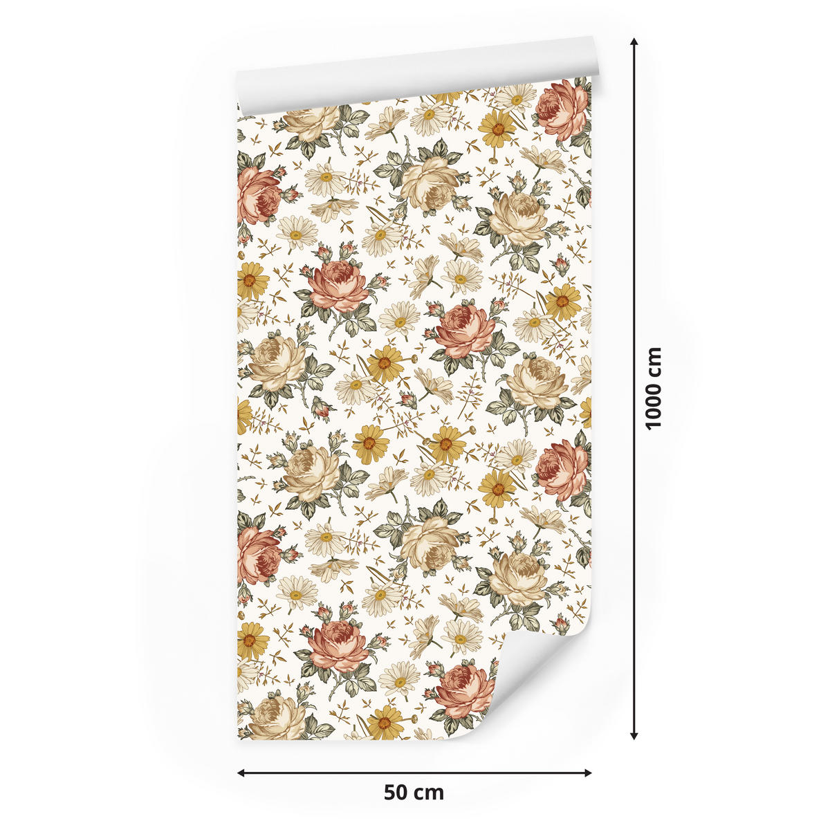 VLIESTAPETE Rosen und Kamillenblüten – Rosa, Gelb, Weiß – 50x1000 cm - Gelb/Rosa, Papier (50/1000cm) - Muralo