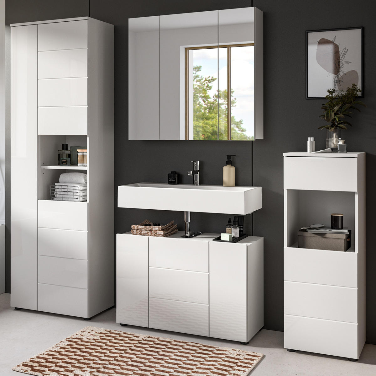 BADZIMMER-SET 4-teilig weiß Hochglanz 210 x 190 cm, Badmöbel mit viel Stauraum - Weiß Hochglanz/Schwarz, Holzwerkstoff/Kunststoff (210/190/34cm) - Inn.Furn