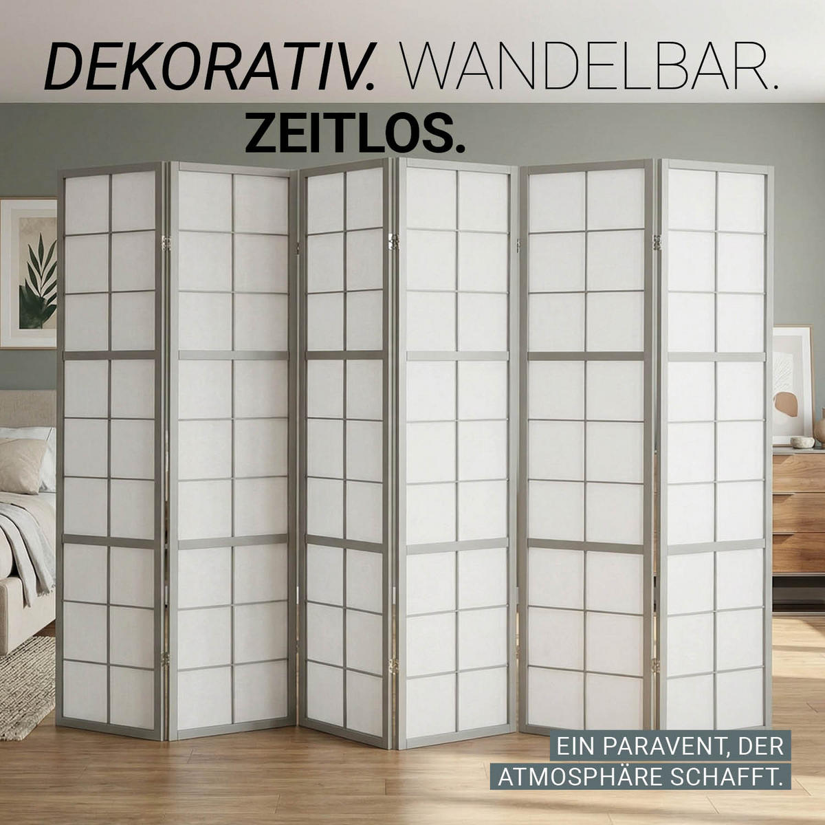 PARAVENT 6-tlg 264/179 cm Grau Holz Shoji - Grau, Holz (264/179/2cm) - Homestyle4u