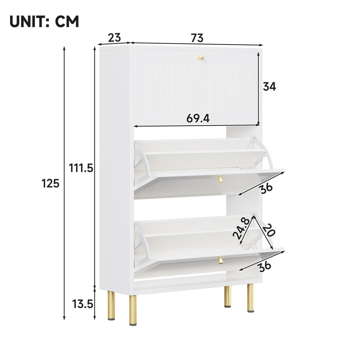 SCHUHSCHRANK aus MDF & Spanplatte 73x23x125cm in Weiß mit 3 Klapptüren - Weiß, Holzwerkstoff (73/125/23cm) - Modfu