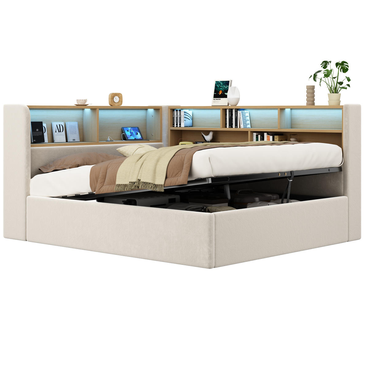 POLSTERBETT 140/190 cm in Beige Samt mit Bettkasten, LED, USB und Type-C - Beige, Holzwerkstoff/Textil (140/190cm) - CHICFURN