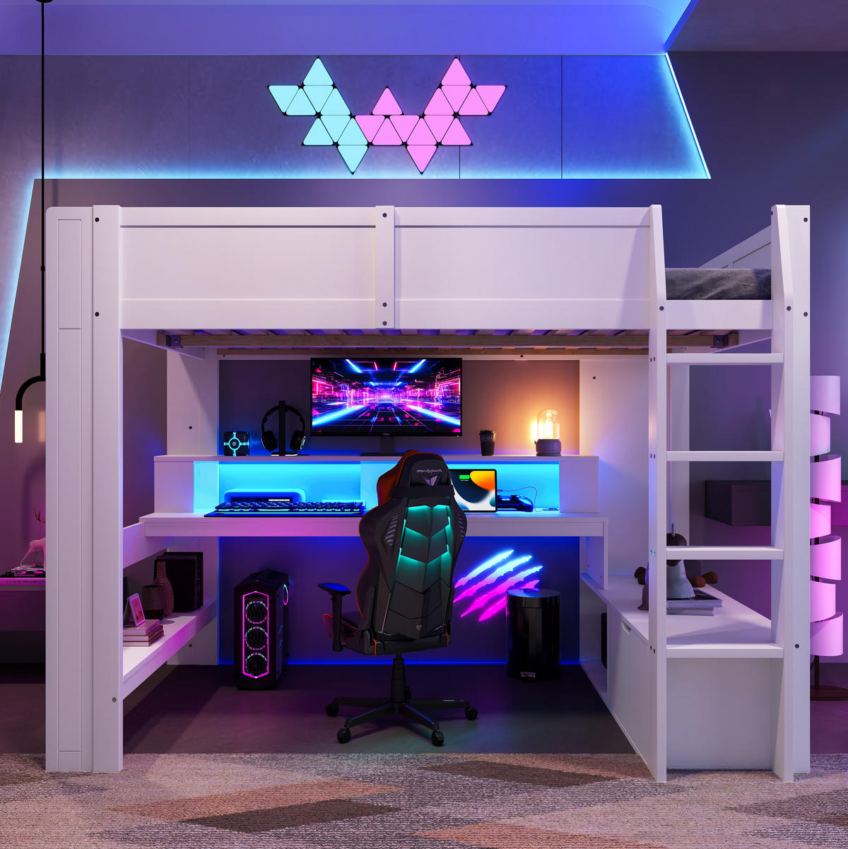 HOCHBETT mit Schreibtisch 140/200 cm in Weiß – mit LED, Regalen und Schublade - Weiß, Holz (140/200cm) - BEAOK