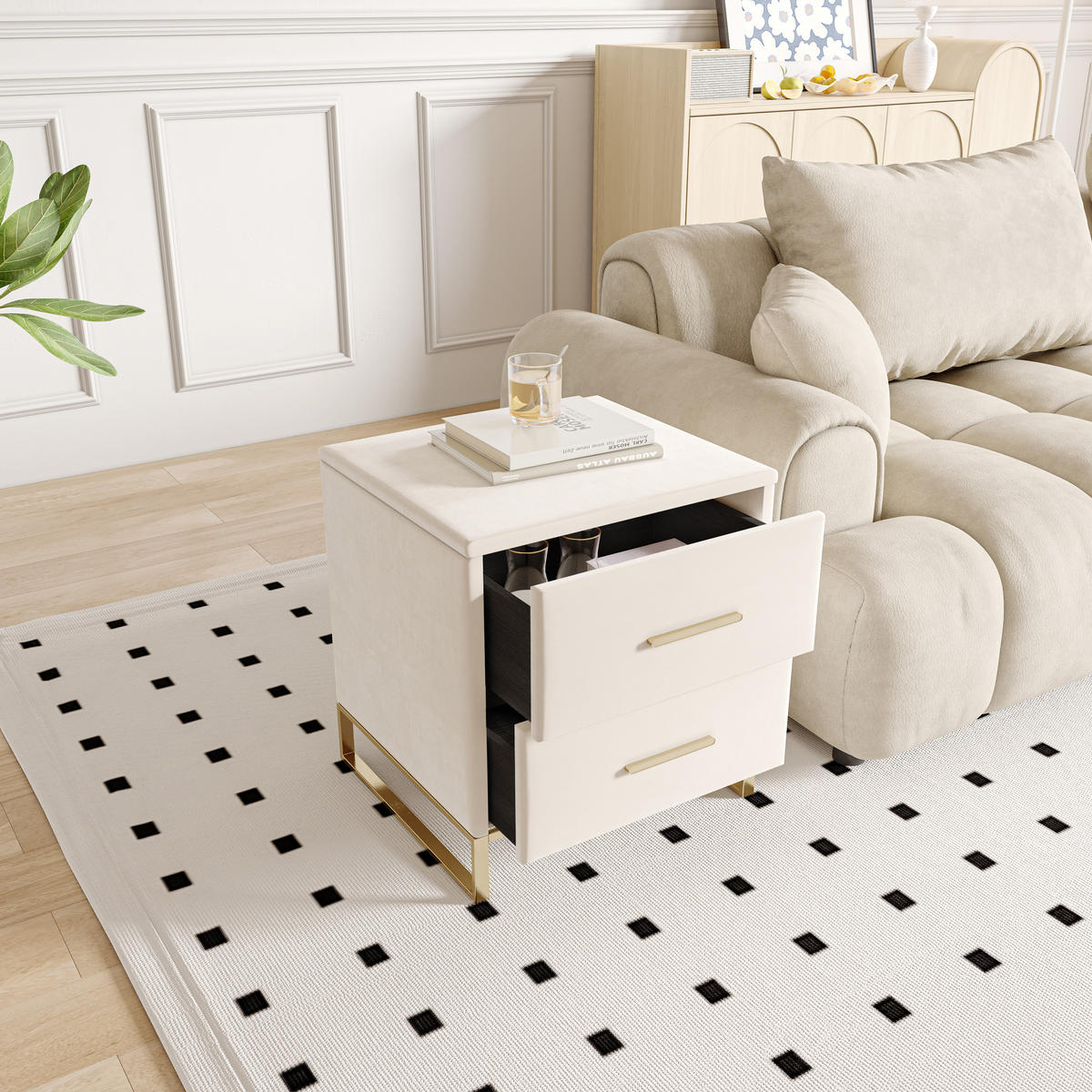 NACHTTISCH 2er Set Samt 2 Schubladen beige - Beige, Holz (40/50/40cm) - LEBENLANG