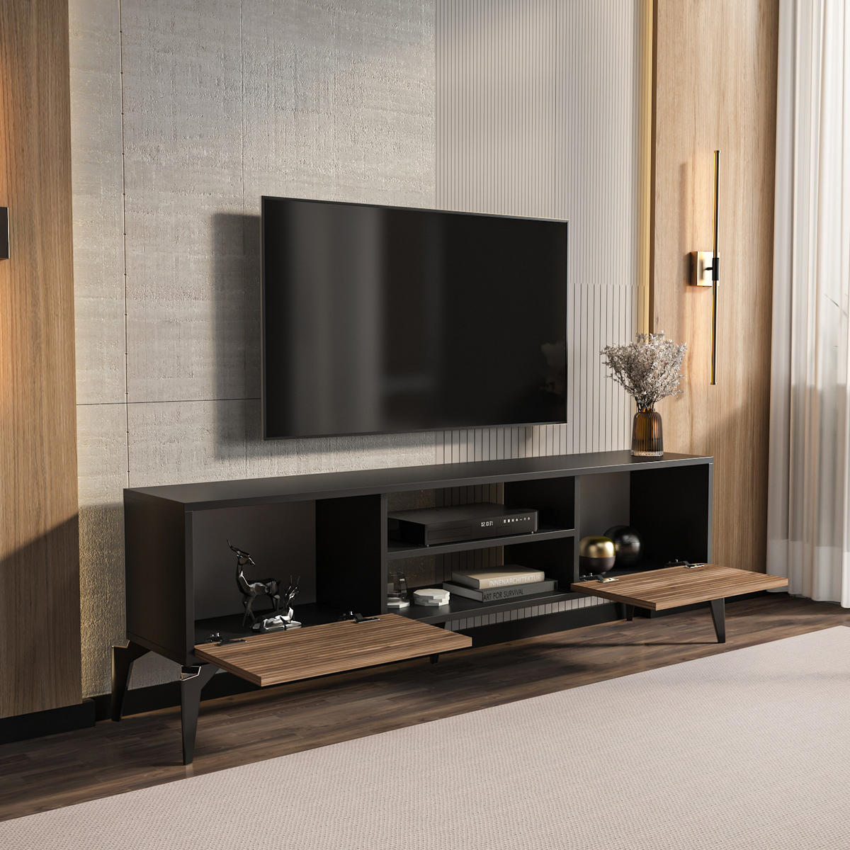 TV-LOWBOARD Lojo - Schwarz/Braun, Holzwerkstoff (160/52/29.5cm) - Decorotika