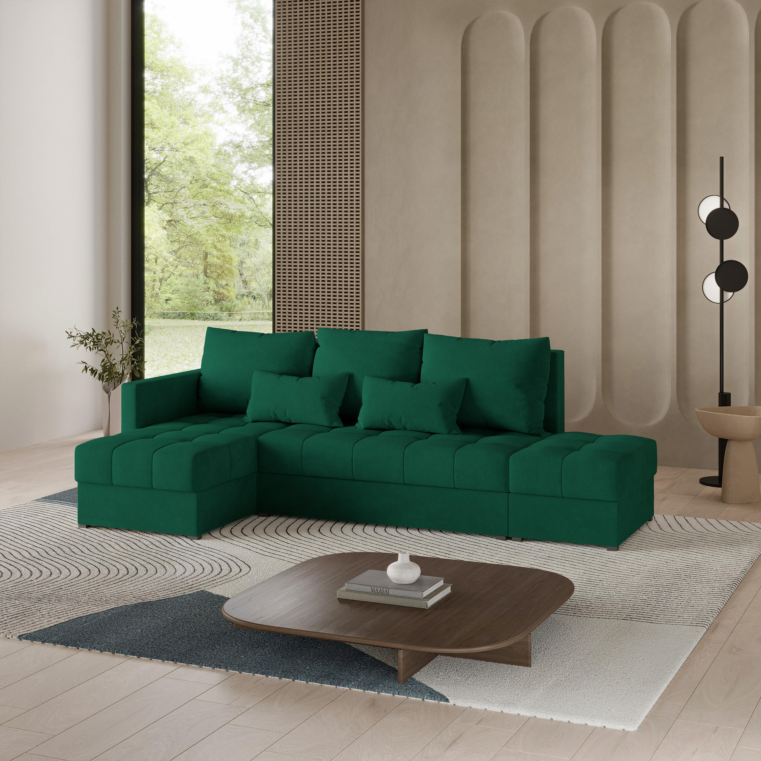 ECKSOFA LUMARI L-S Grün Plüsch-Stoff mit Schlaffunktion - Grün, Holz (262/143cm) - MASSENO