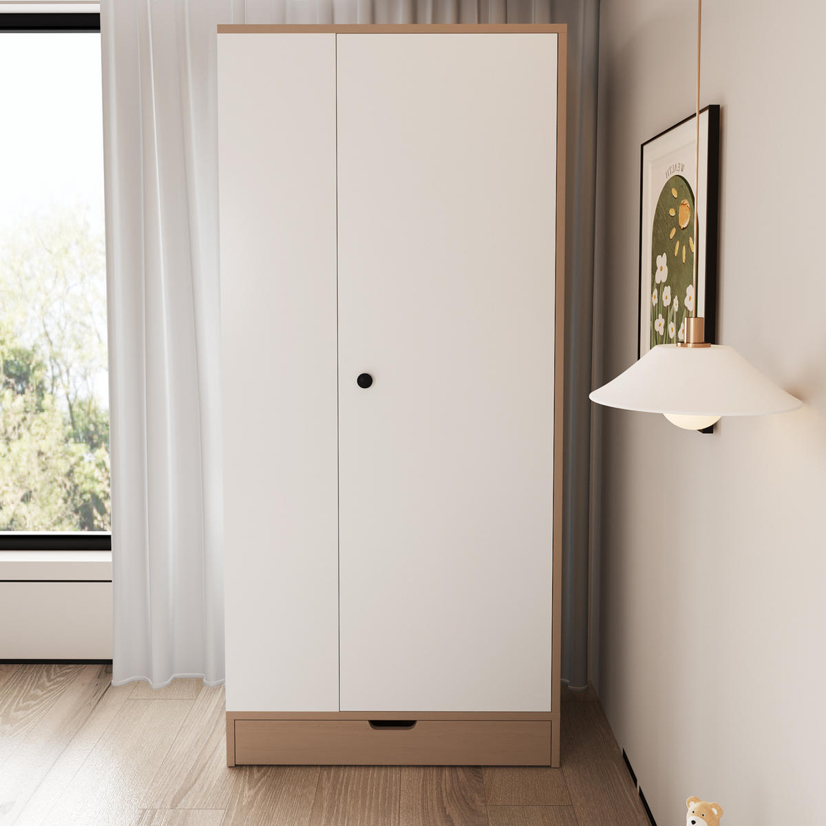 ŠATNÍ skříň ze dřeva 70x40x170 cm bílá/přírodní s policemi a jednokřídlými dveřmi pro úsporné uložení - přírodní, kompozitní dřevo (70/170/40cm) - Modfu