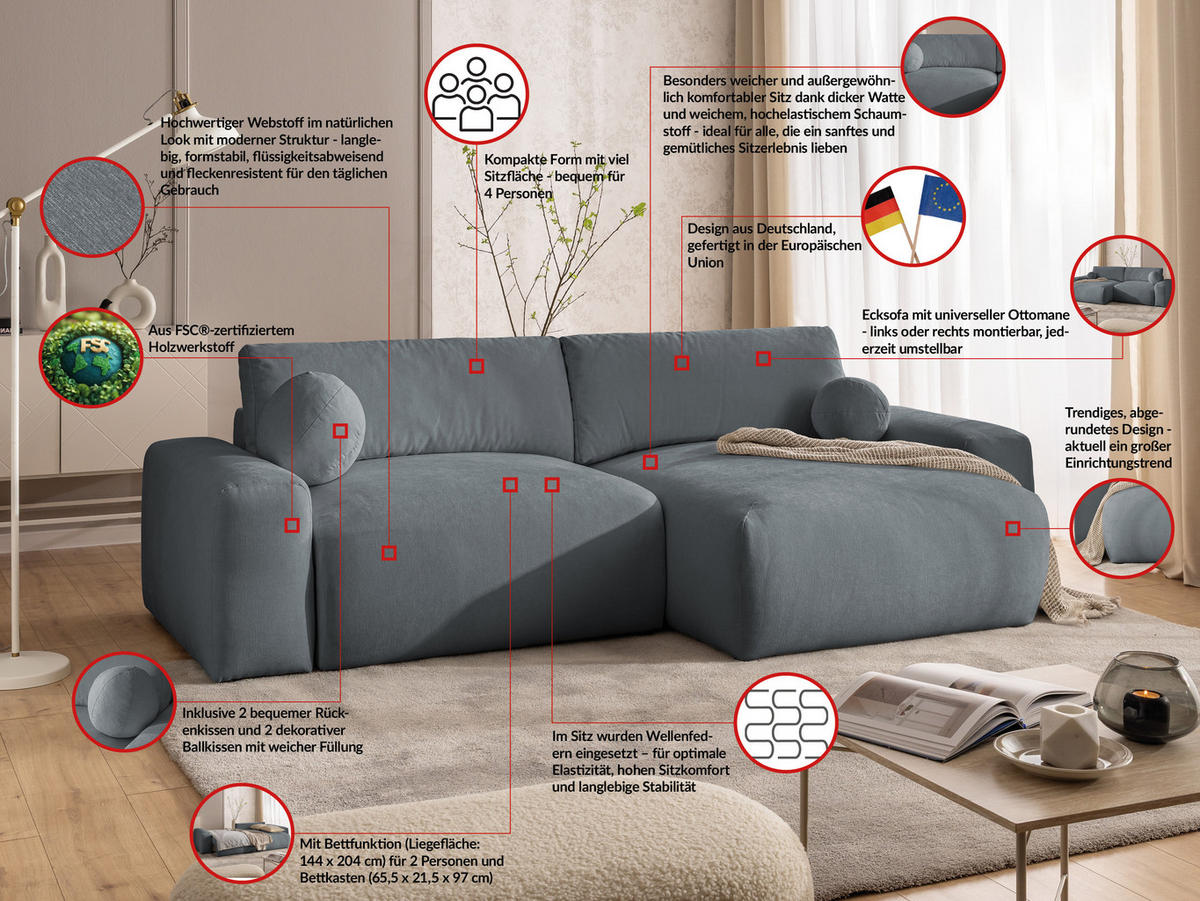 ECKSOFA Puffy mit Schlaffunktion und Bettkasten - besonders weich und puffig aus Dunkelgrau Webstoff - Ottomane rechts - Dunkelgrau/Schwarz, Holz/Kunststoff (266/138cm) - S-Style Möbel