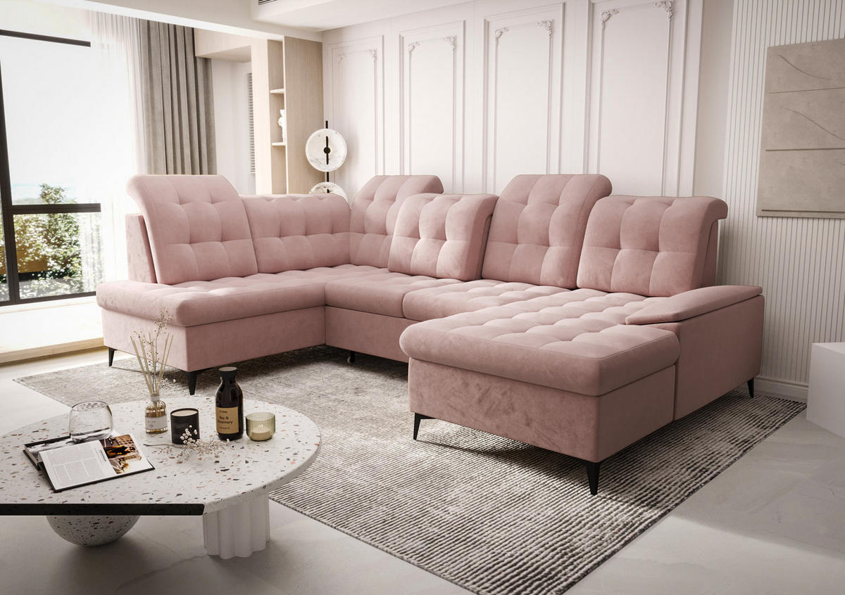 WOHNLANDSCHAFT KONGO RBN17, Eckcouch in U-Form mit Schlaffunktion, Farbe: Rosa, Velourstoff, Ottomane Rechts - Rosa, Textil (343/107/210cm) - O-Sofa