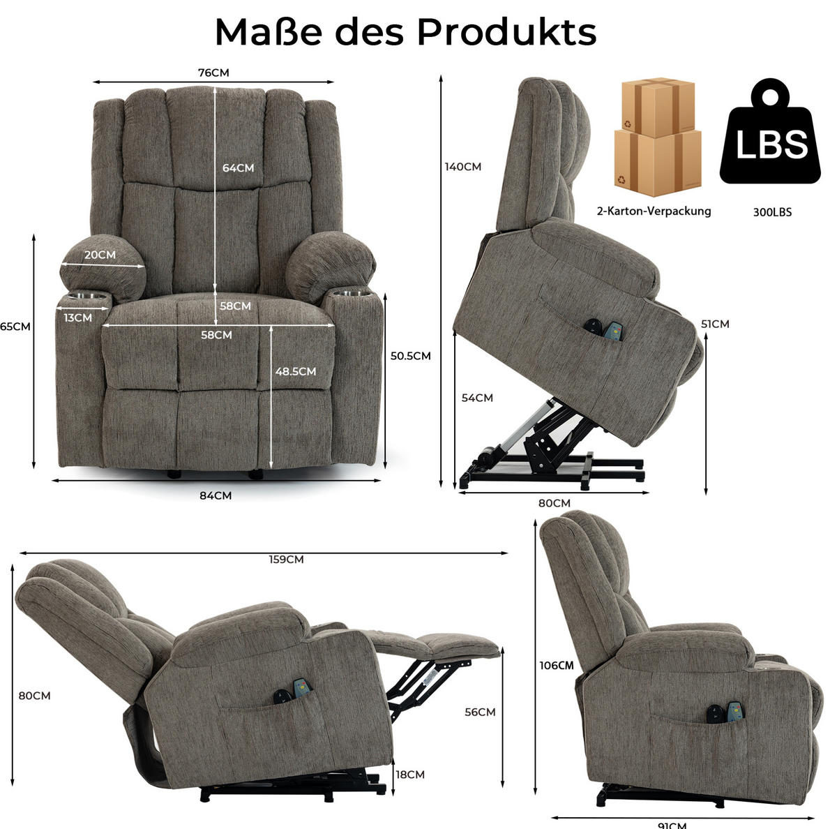 RELAXSESSEL elektrisch mit Aufstehhilfe und Fußteil in Hellbraun - Hellbraun, Textil (84/106/91cm) - BEAOK