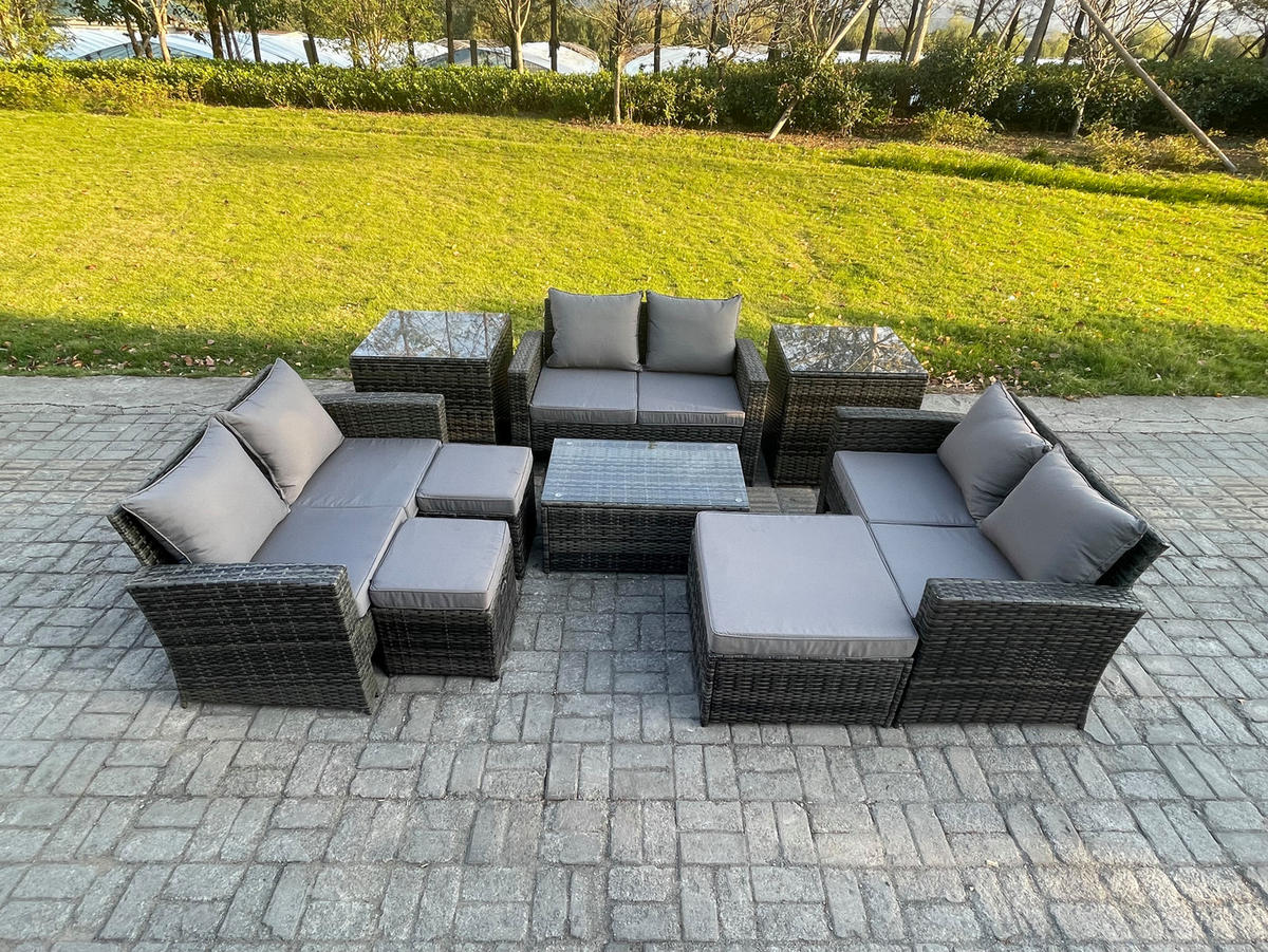 GARTENMÖBEL SET MIT 2 BEISTELLTISCHE 3 HOCKER LIEBESSITZ-SOFA Polyrattan Dunkelgrau Gemischt 9-Sitzer - Dunkelgrau, Metall - Fimous