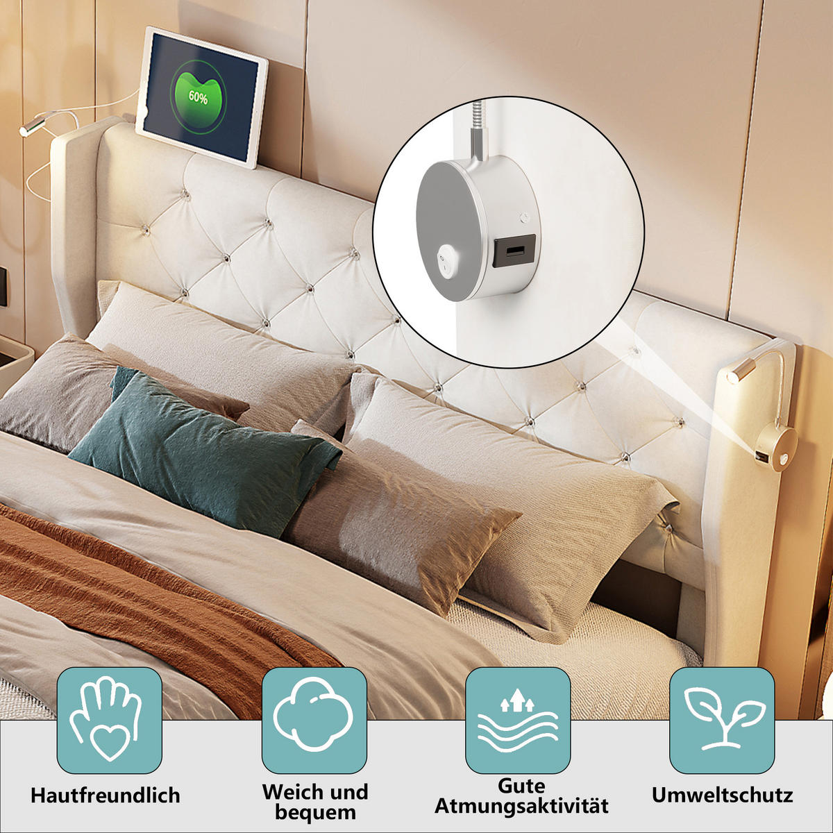 DOPPELBETT Polsterbett in Beige 160x200cm mit Ladefunktion und Stauraum Samt - Beige, Holz/Metall (160/200cm) - PARAFTA HOME