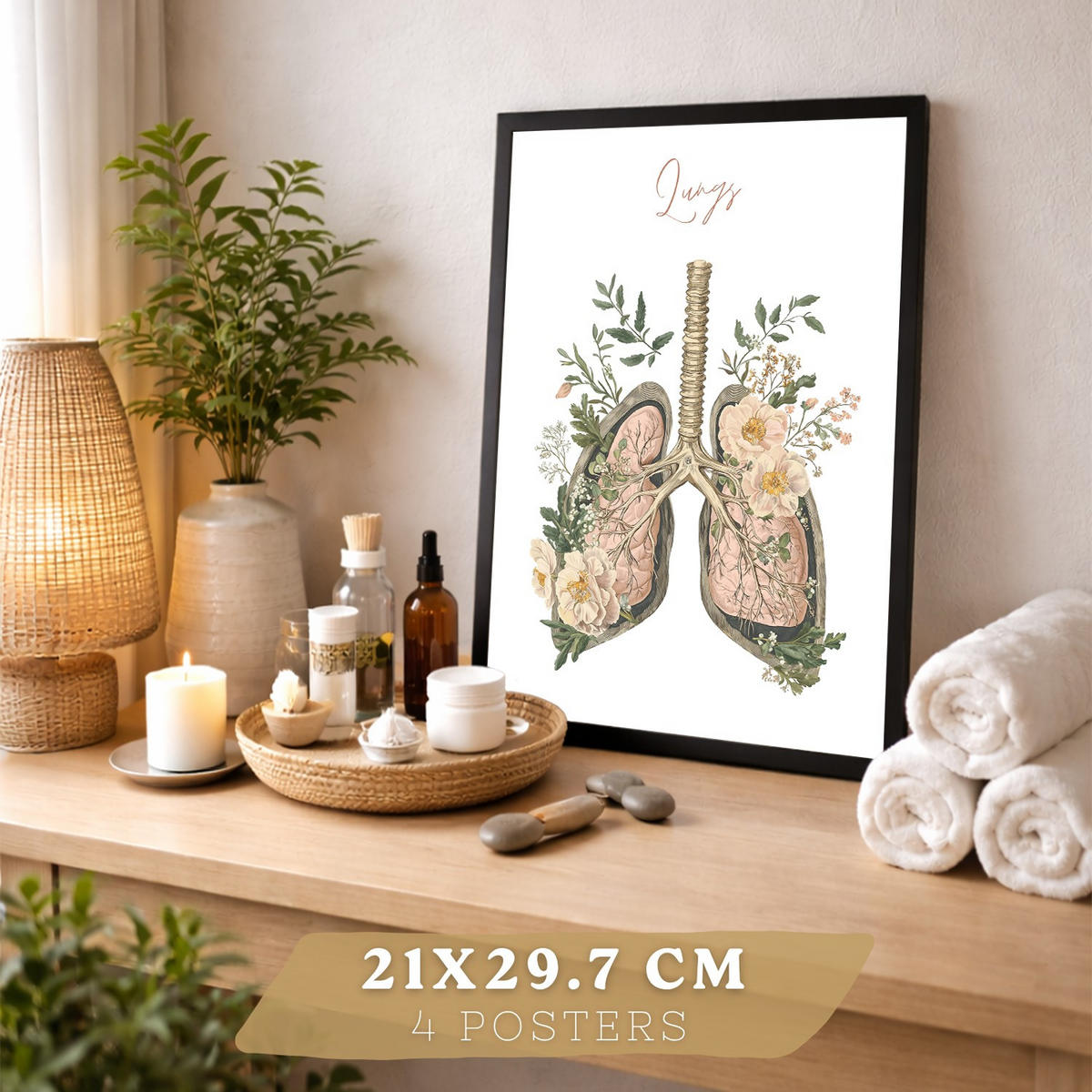 POSTER Set aus 4 Anatomie Mensch Florale Drucke und Wandbilder mit Herz Lungen Skelett und Schädel Stil Wanddekoration Größe Schwarzer Rahmen A4 - Schwarz, Papier (21/29.7/3cm) - Nacnic