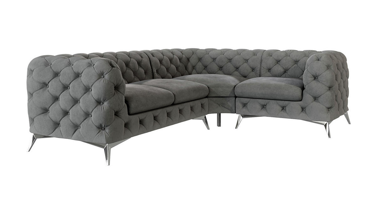 ECKSOFA Chesterfield Laura Grau Samt, Ottomane rechts - Silberfarben/Grau, Holz/Textil (264/204cm) - S-Style Möbel
