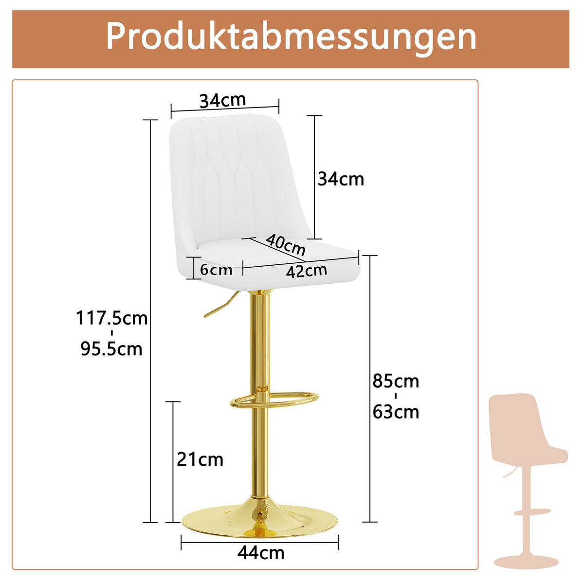BARHOCKER-SET 2-teilig höhenverstellbar Weiß/Gold mit 360°-Drehfunktion - Weiß, Metall (44/117.5/44cm) - MIVRAY