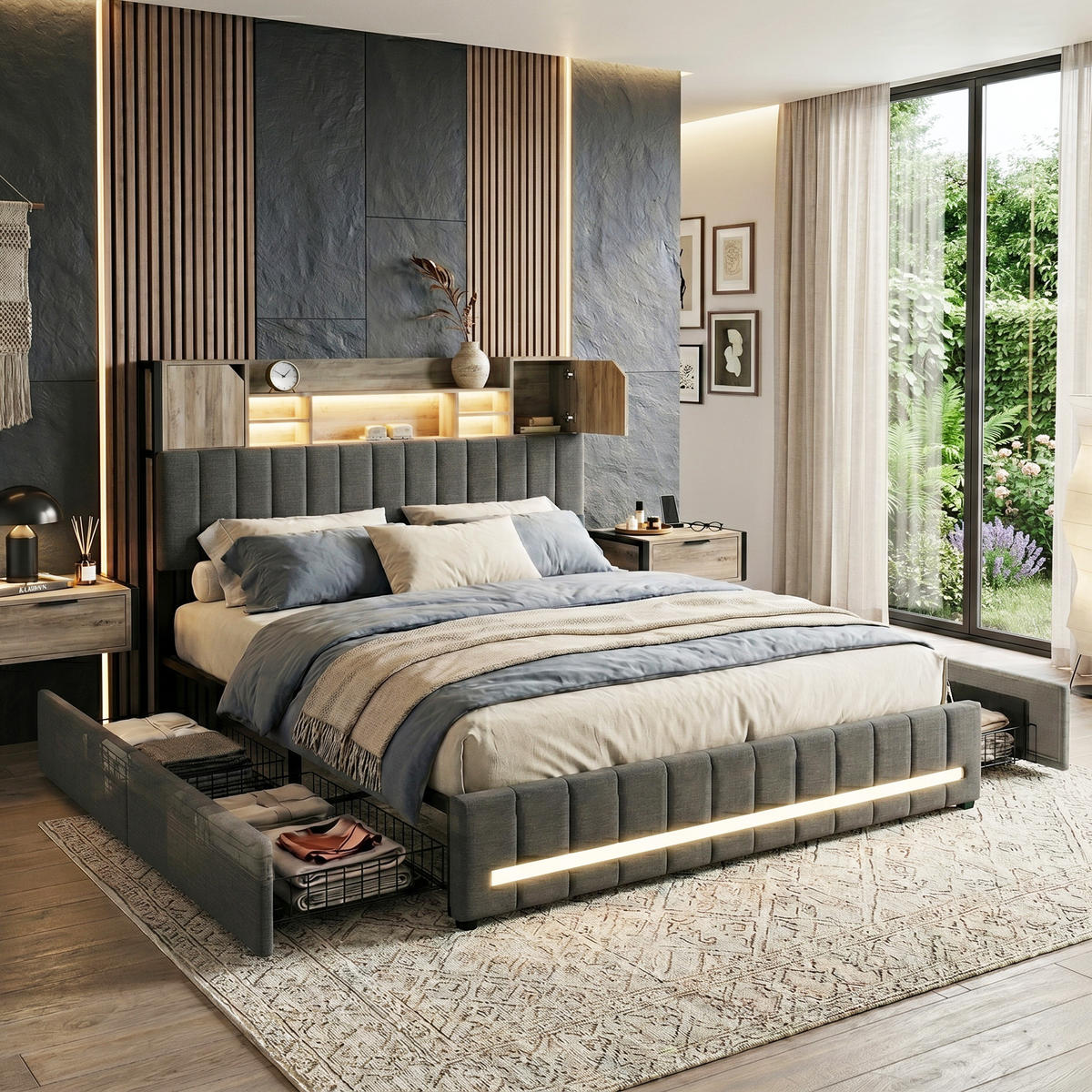 POLSTERBETT Modern 140/200 cm mit Galerie-Ablage & 4 Schubladen Leinenoptik Grau - Grau, Textil (140/200cm) - Creahappy