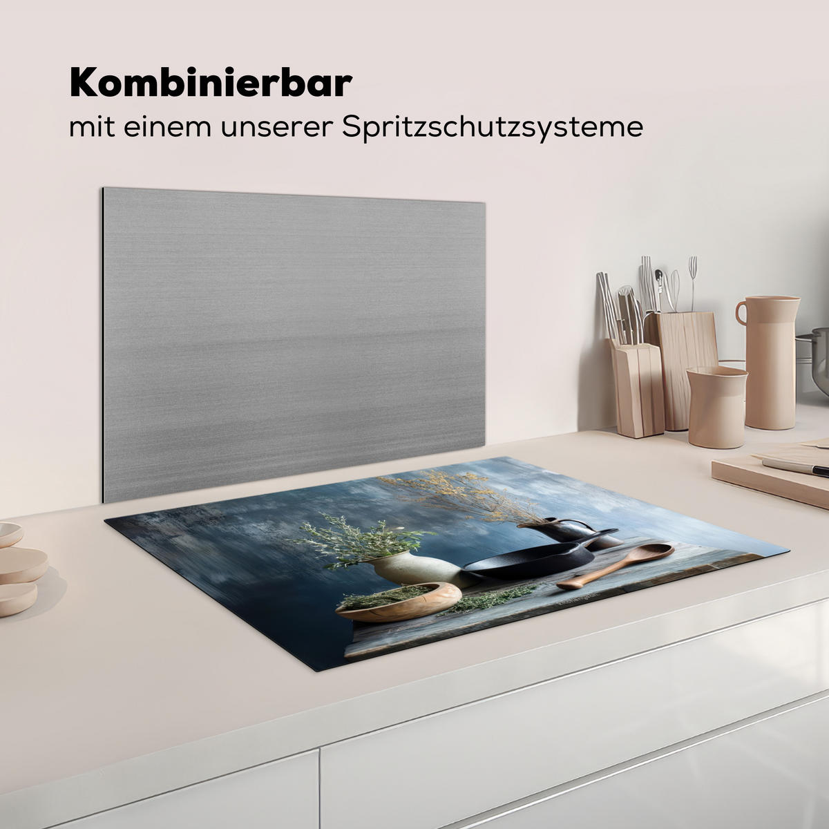 HERDABDECKPLATTE Stilleben - Kräuter - Rustikal Herdabdeckung Induktionsfeld 75x52 cm - Blaugrau, Kunststoff (75/52/0.2cm) - MuchoWow