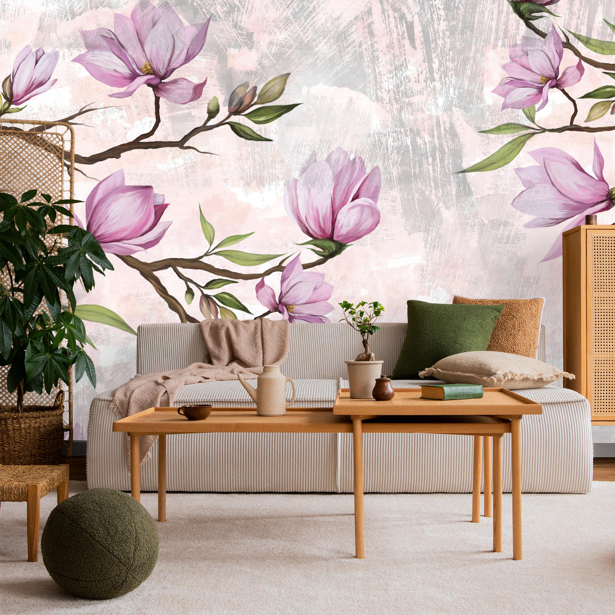FOTOTAPETE für Schlafzimmer Rosa Magnolienblüten Botanisch 250x175 - Beige/Violett, Papier (250/175cm) - Muralo