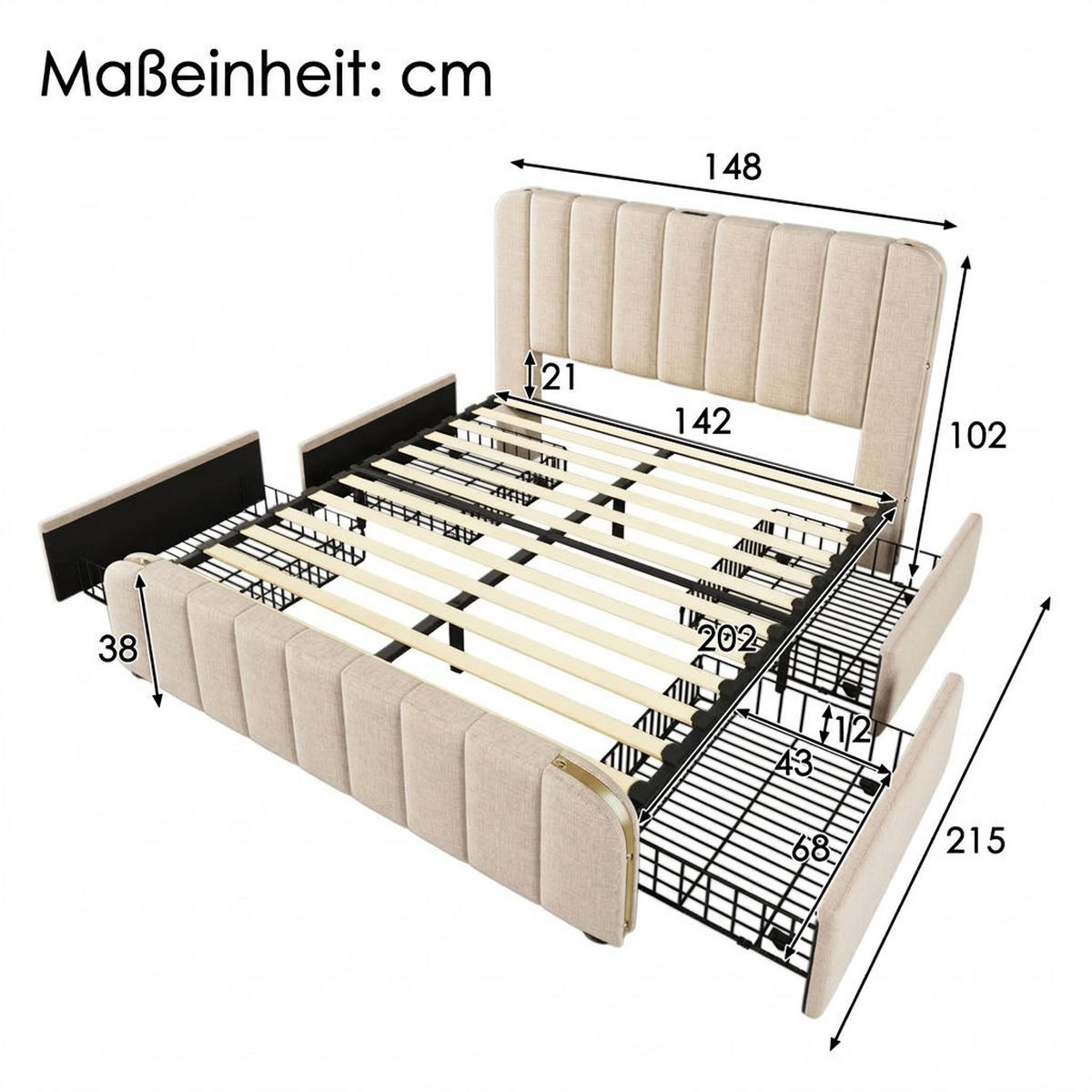 POLSTERBETT 140/200 cm Beige mit 4 Schubladen und USB Typ-C Ladefunktion - Beige, Textil (140/200cm) - Oxeza