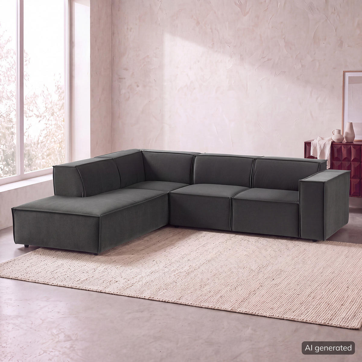 ECKSOFA mit Ottomane - Schwarz/Grau, Kunststoff/Textil (260/234cm) - home24