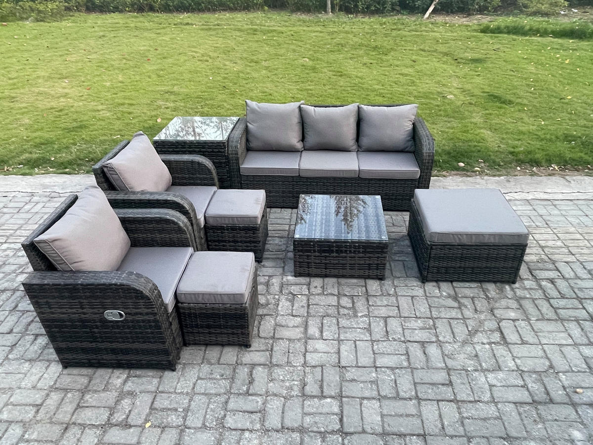 GARTENMÖBELGARNITUR mit KISSEN Polyrattan Dunkelgrau 8-Sitzer - Dunkelgrau/Grau, Glas/Kunststoff - Fimous