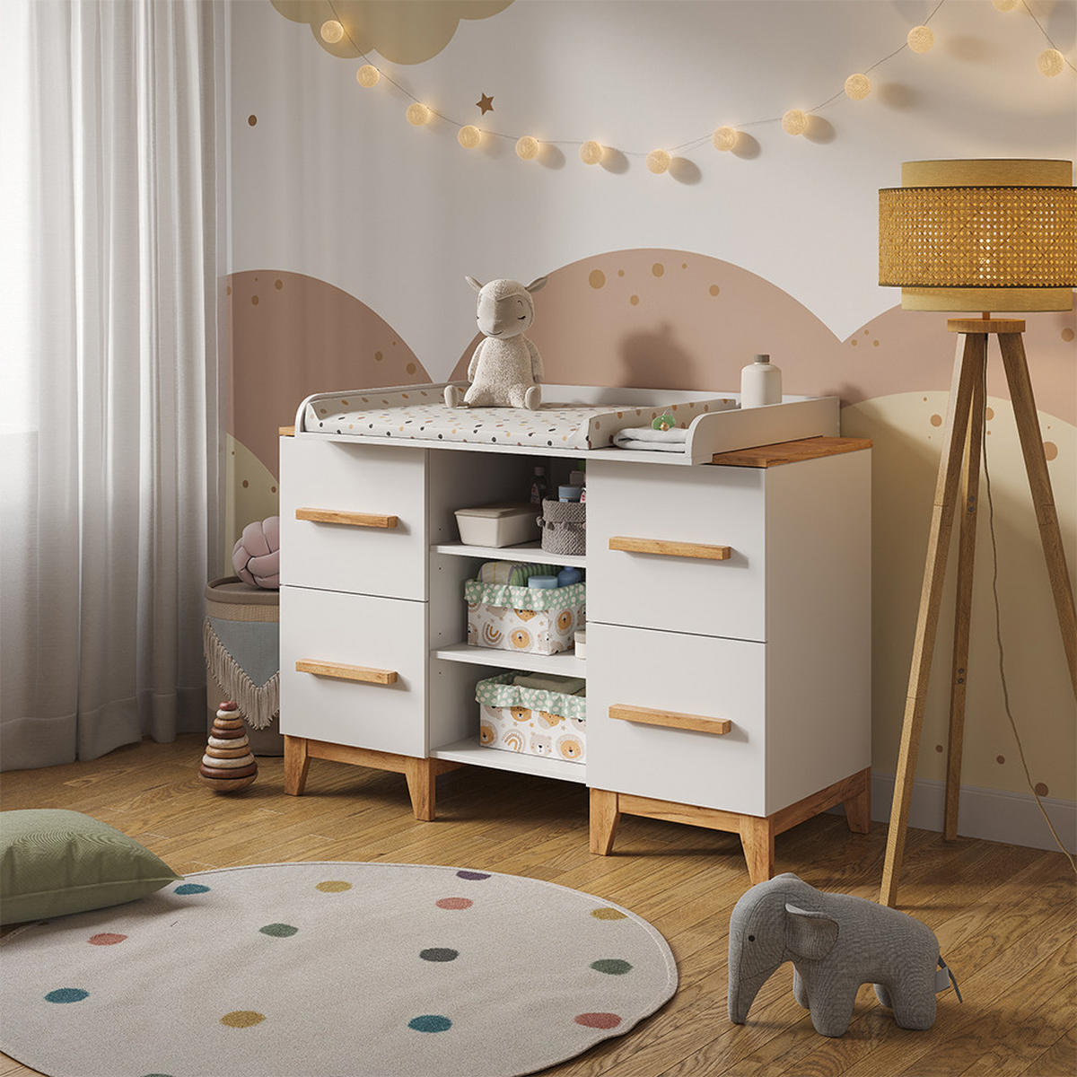 WICKELKOMMODE Malia Weiß/Artisan 133 x 98 cm XL mit 4 Schubladen - Hellgrau/Weiß, Holzwerkstoff (133/98/70cm) - VitaliSpa