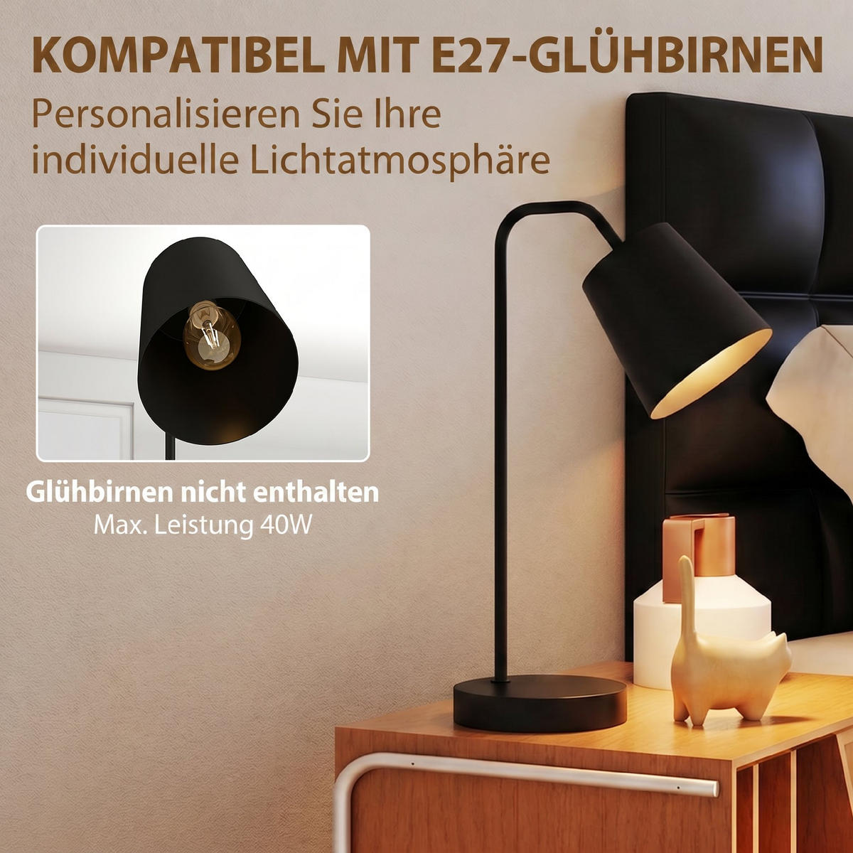 TISCHLAMPE Stahl Schwarz - Schwarz, Metall (28/15/41cm) - HOMCOM