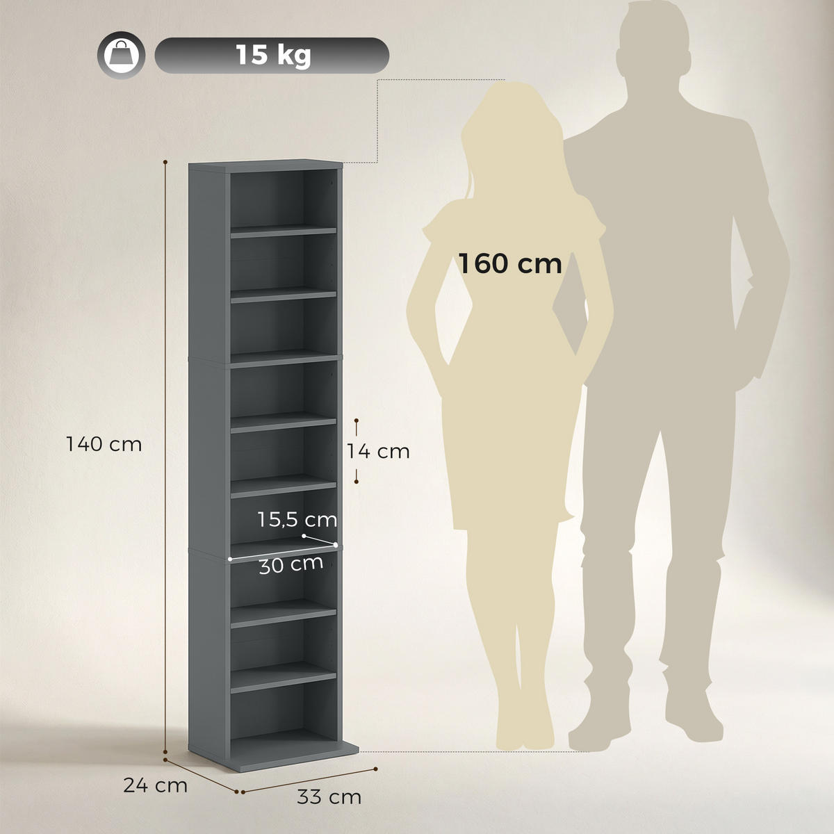 CD-REGAL Grau 33/24/140 cm - Grau, Holzwerkstoff (24/140/33cm) - PANGIVO