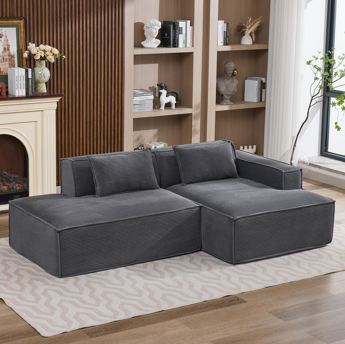 ECKSOFA aus Polyester 235 cm Grau mit Federkern und hochdichter Polsterung, kompakt und pflegeleicht - Grau, Textil (235/129cm) - Modfu