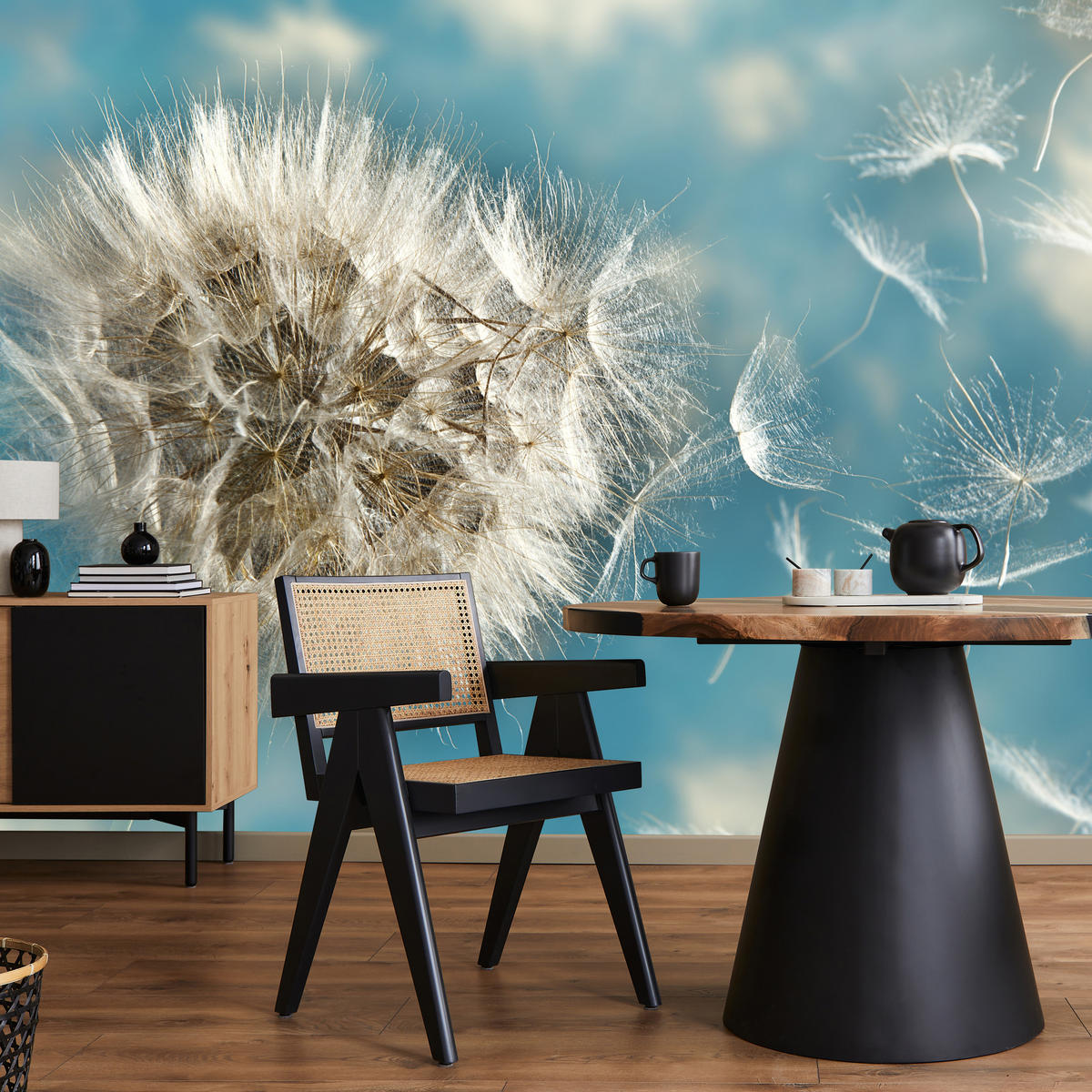 FOTOTAPETE für Schlafzimmer Löwenzahn im Wind Leicht Dynamisch 300x210 - Blau/Beige, Papier (300/210cm) - Muralo