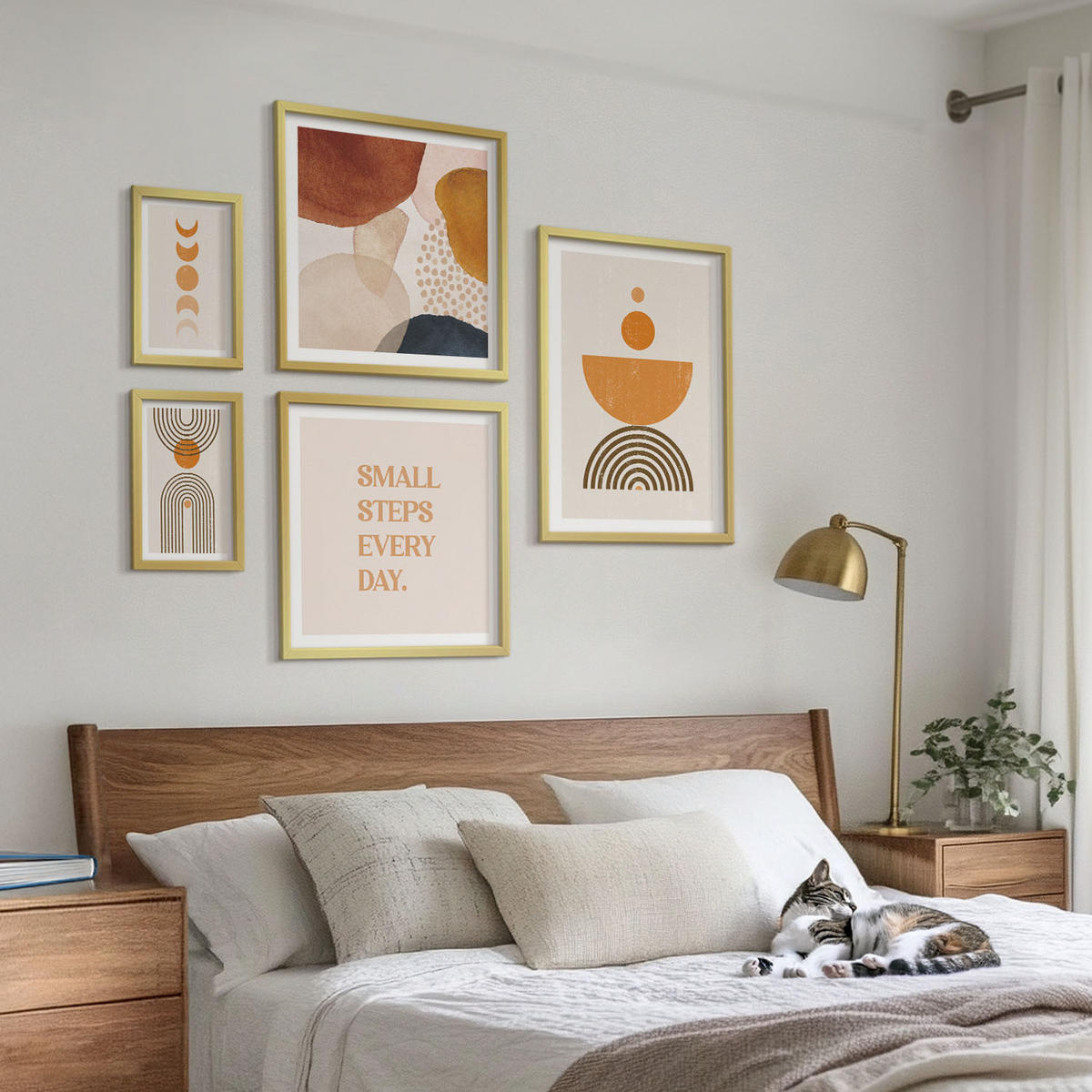 WANDBILDER 5er Set - 50x50 cm & 20x30 cm & 40x60 cm Goldrahmen - Boho-minimalistische Dekorationen - Goldfarben, Kunststoff (40/60cm) - ArtPrintCave