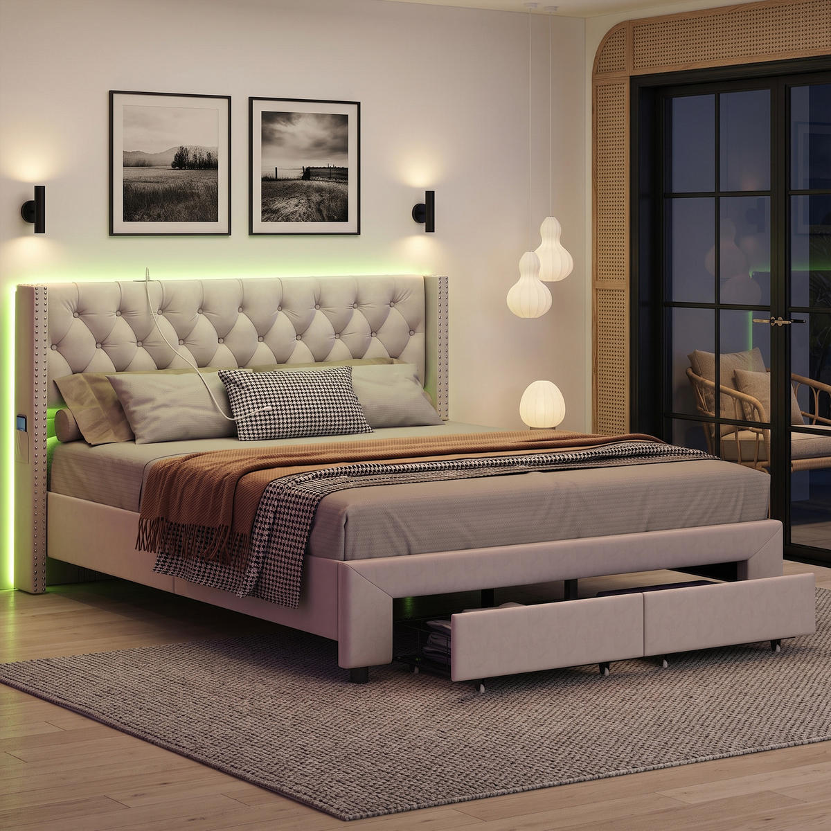 POLSTERBETT 160x200 mit LED und USB, Stauraum, Lattenrost und 2 Schubladen, in cremeweißem Samt - Ecru, Holz/Textil (160/200cm) - GENKI LIVING