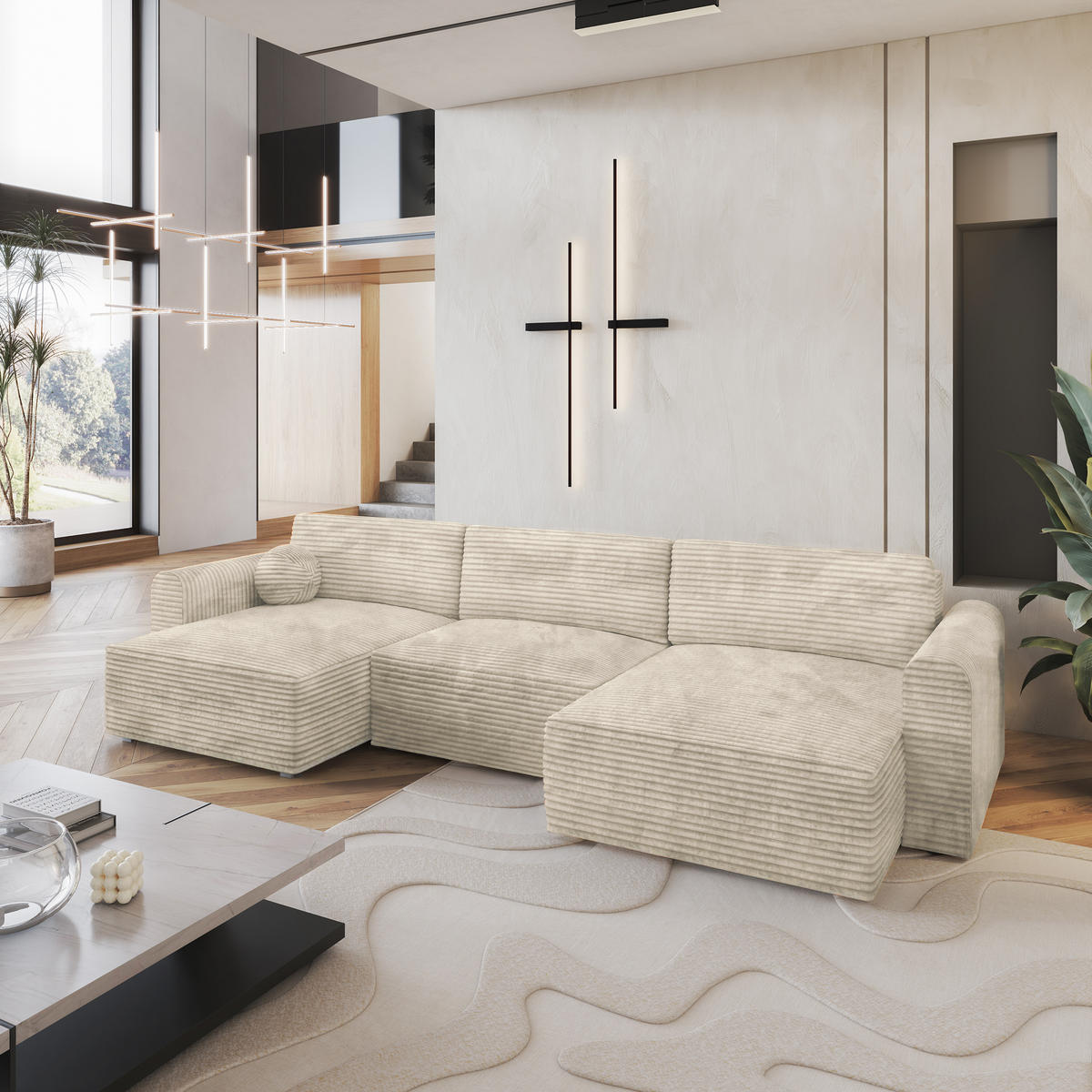 WOHNLANDSCHAFT FENTO Creme Kordstoff mit Schlaffunktion - Creme, Holz (347/90/148cm) - MASSENO