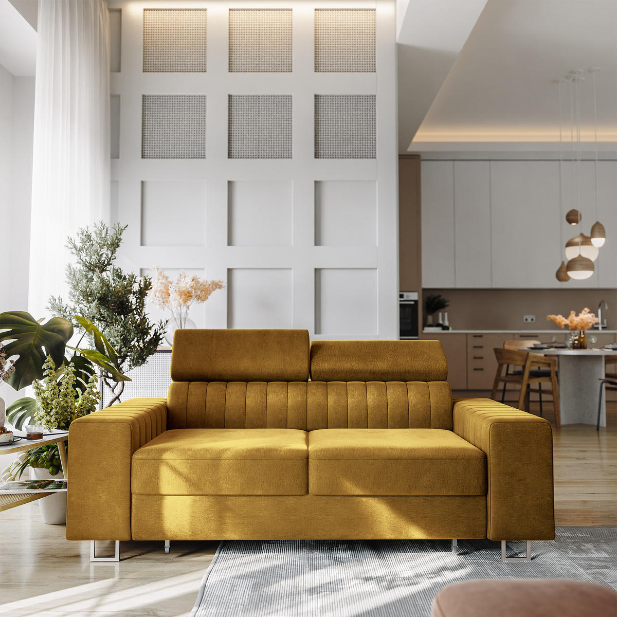 BETTSOFA SOLAN Gelb Velours-Stoff mit Schlaffunktion - Gelb, Holz/Textil (194/88/90cm) - MASSENO