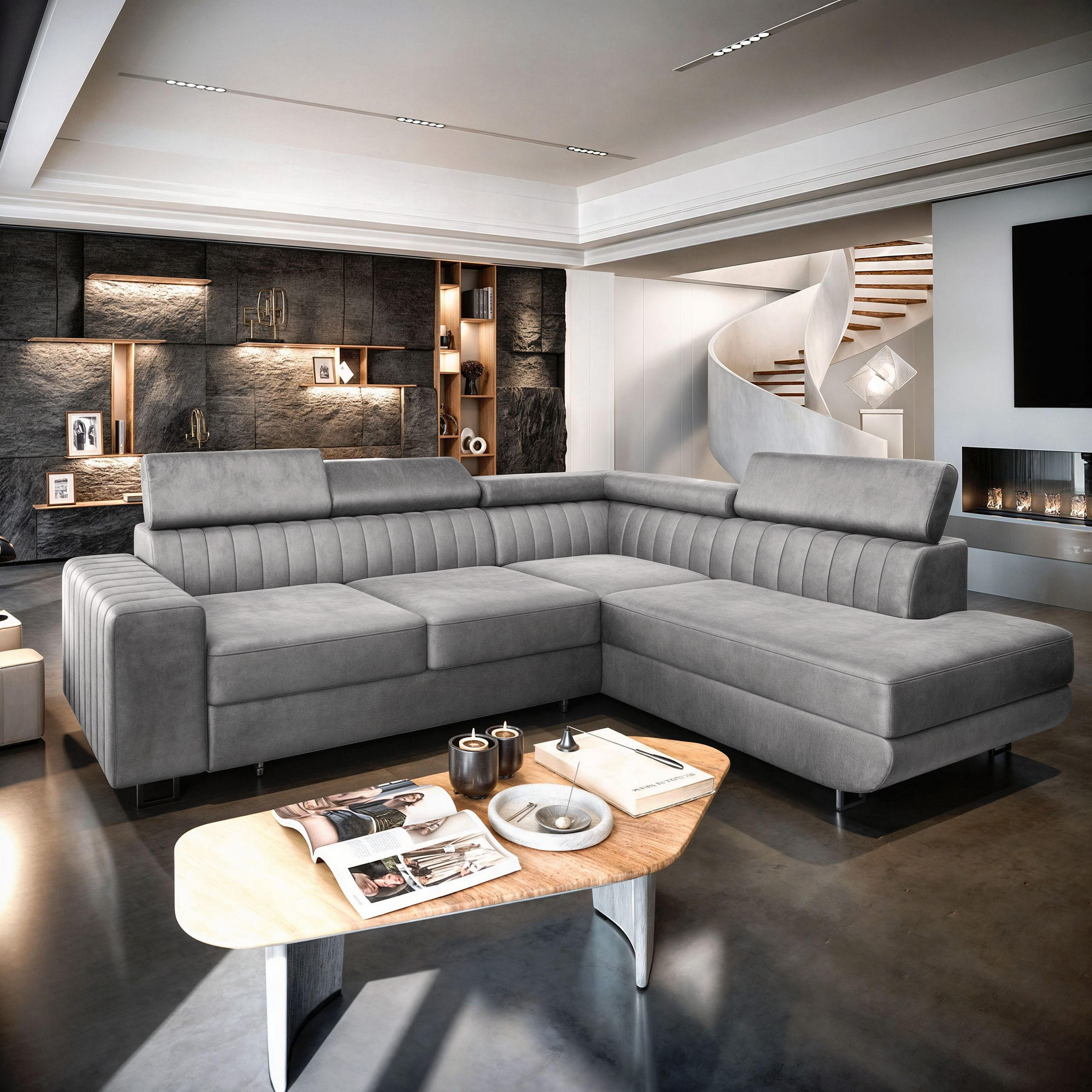 ECKSOFA NOLA R-S Hellgrau Velours-Stoff mit Schlaffunktion - Hellgrau, Holz (253/190cm) - MASSENO