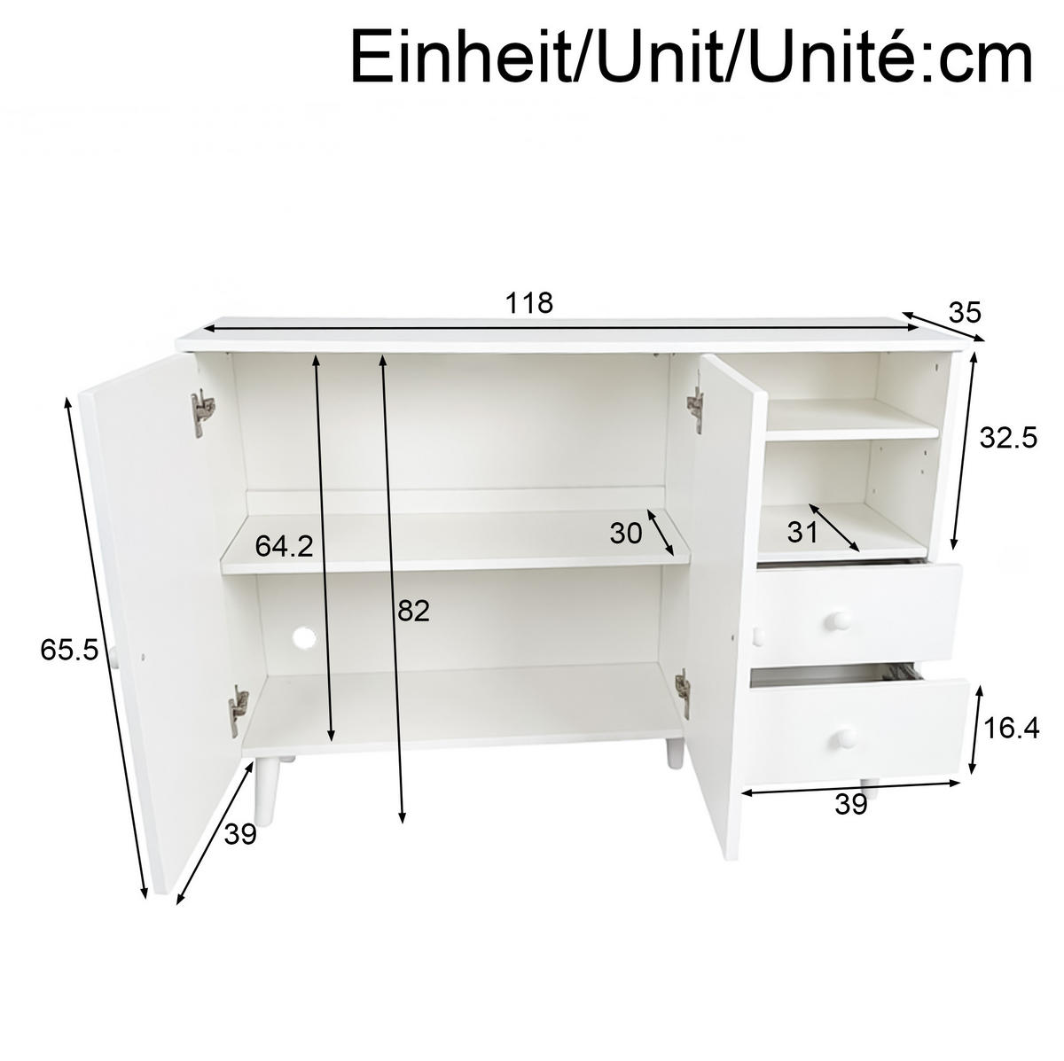 SIDEBOARD 118/35/82 cm weiß aus MDF und Holzwerkstoff mit 2 Türen und 2 Schubladen - Weiß, Holzwerkstoff (118/82/35cm) - OKWISH
