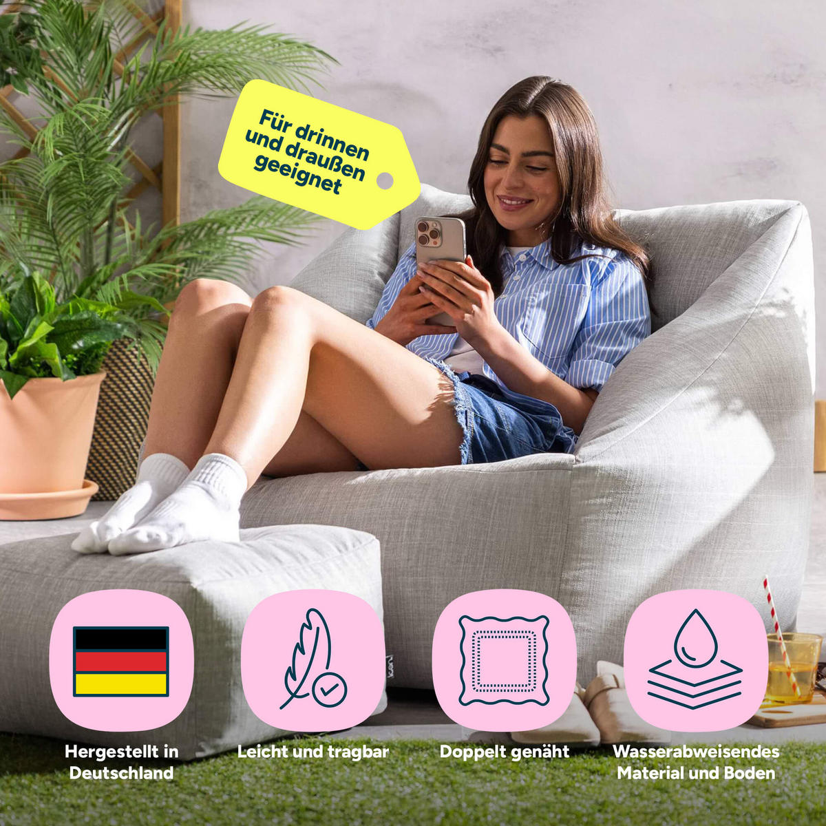 SITZSACK Sessel Outdoor mit Hocker Natalia - Grau, Textil (97/73/84cm) - icon