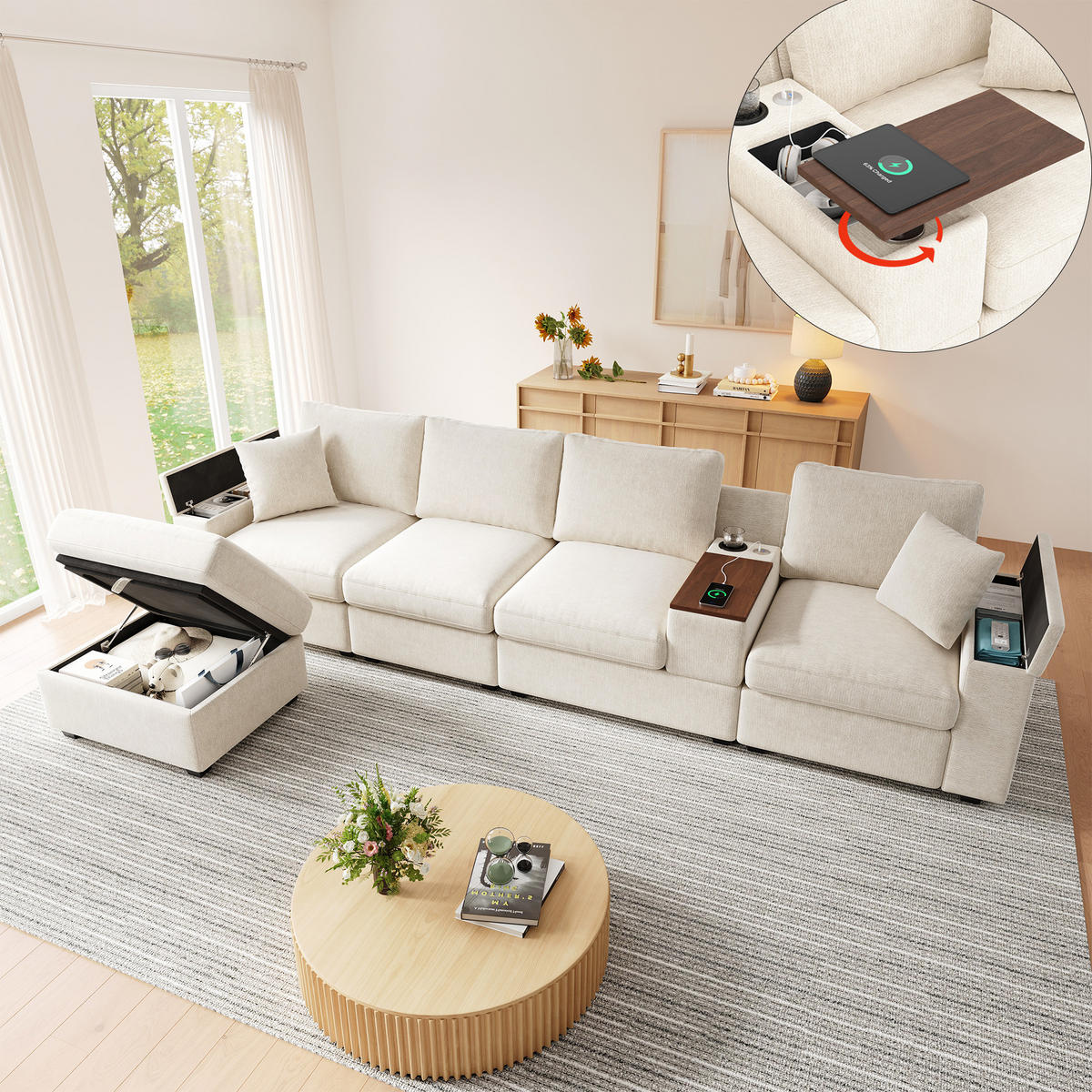 ECKSOFA 313/147/82 cm Beige mit Stauraum, USB-/Typ-C, Getränkehaltern und 360° drehbarem Couchtisch - Beige, Textil/Metall (313/147cm) - Oxeza