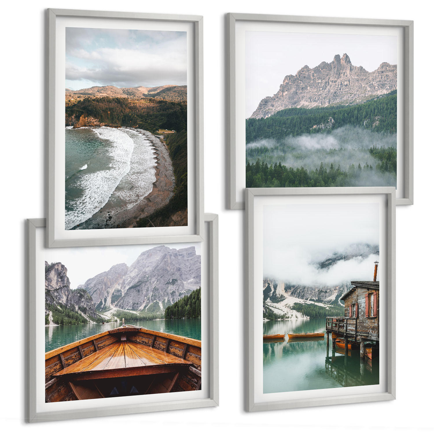 BILDER SET 4er Set - 50x50 cm & 40x60 cm Silberner Rahmen - Holzhausboot an Bergstränden - Silberfarben, Kunststoff (50/50cm) - TULUP