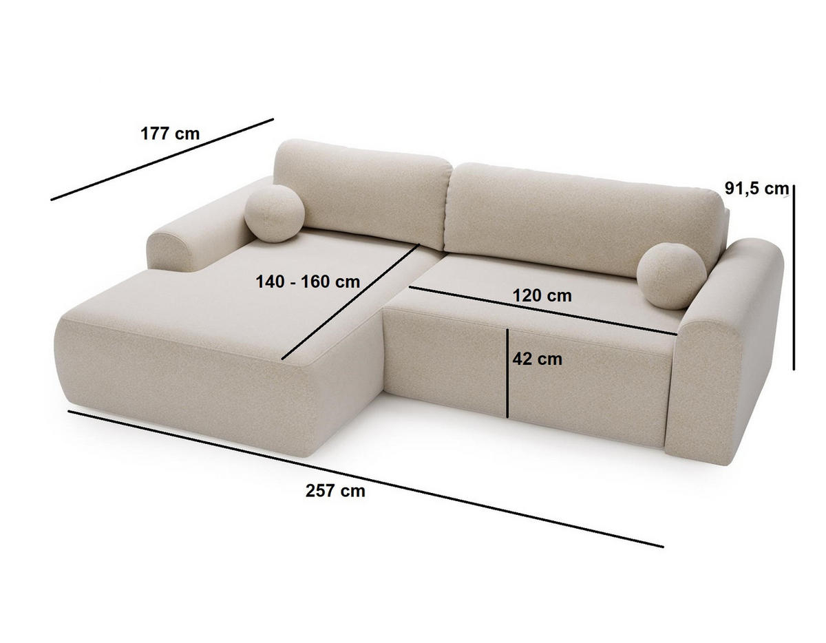 ECKSOFA Aurora Weiß, mit Schlaffunktion in Lambi Stoff, linke seite - Weiß, Holzwerkstoff/Textil (257/177cm) - Bettso