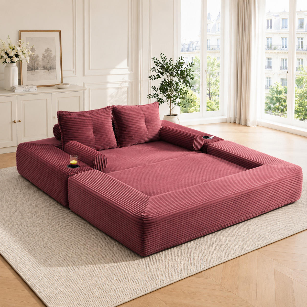 SCHLAFSOFA mit Klappfunktion, Memory-Kissen und Getränkehalter aus Cord - Weinrot, Textil (180/80/98cm) - EVRYAE