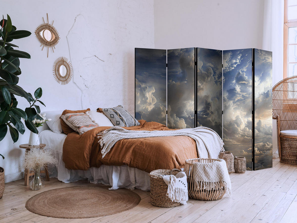 PARAVÁN Akustický 5-Dielny 225x172 cm Oblaky s 3D Efektom - viacfarebná, drevo/textil (225/172/3cm) - Muralo