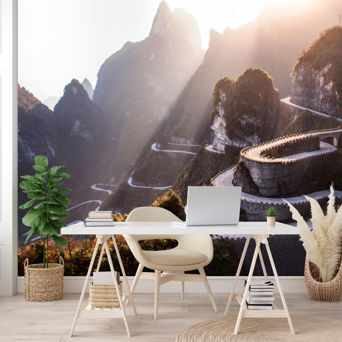 FOTOTAPETE für Wohnzimmer Felsige Bergstraße Sonnenuntergang 400x280 - Beige/Gelb, Papier (400/280cm) - Muralo