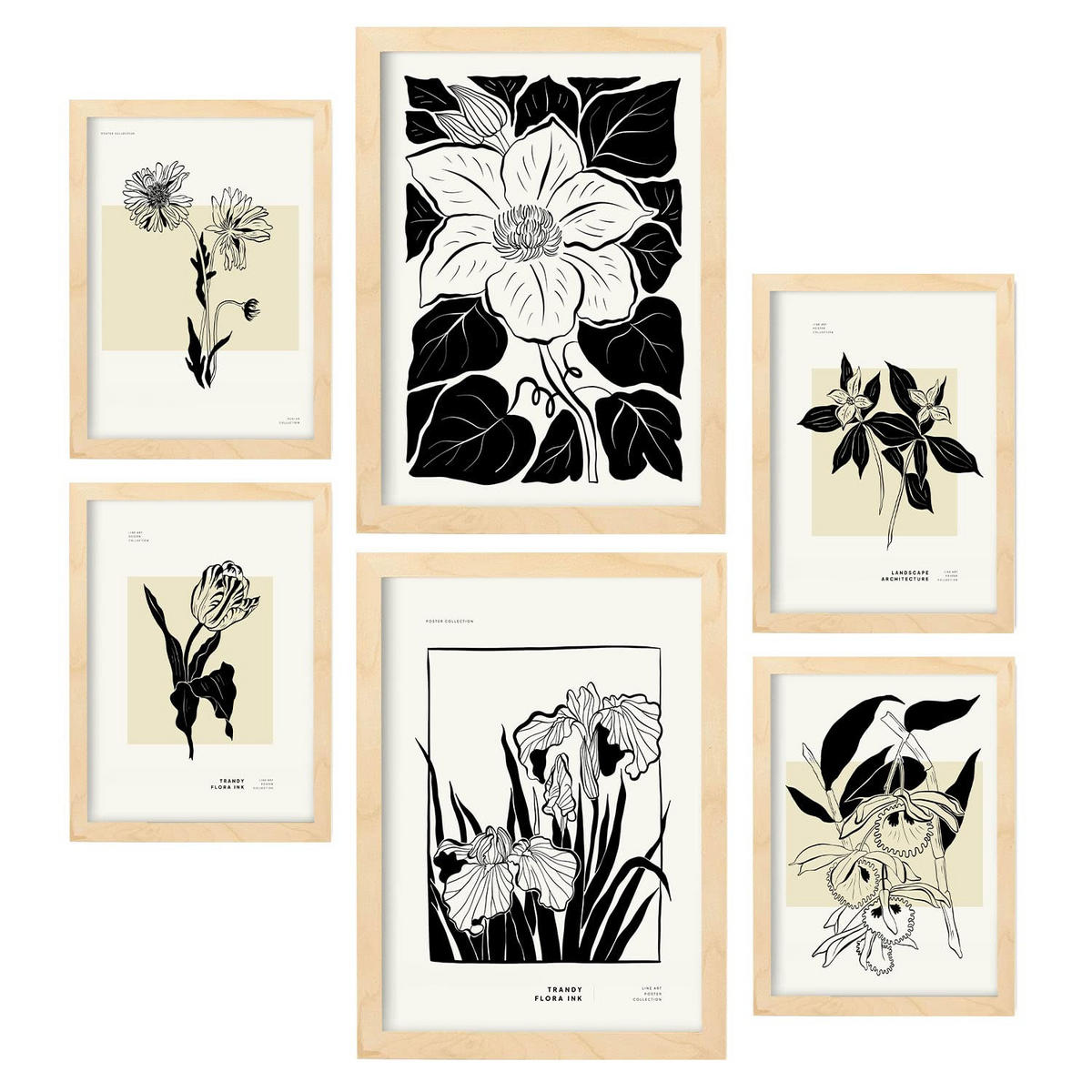 POSTER Set Mit 6 Schwarze Tinte Blumen Größe A3 & A4 Rahmen aus hellem Holz - Beige, Papier (29.7/1cm) - Nacnic