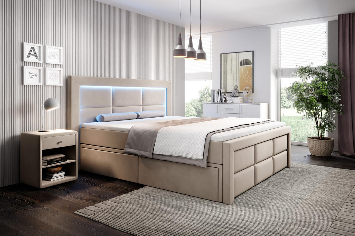 BOXSPRINGBETT Aspen mit Schubladen und Topper, LED-Beleuchtung, Samt, 180x200 cm, Beige - Beige, Holz - PROMETO Möbel