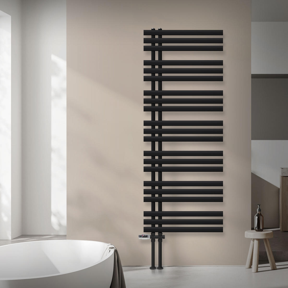 BADHEIZKÖRPER Iron EM 600x1600 mm Schwarz mit Ventil Durchgang - Schwarz, Metall (60/160/3cm) - LuxeBath