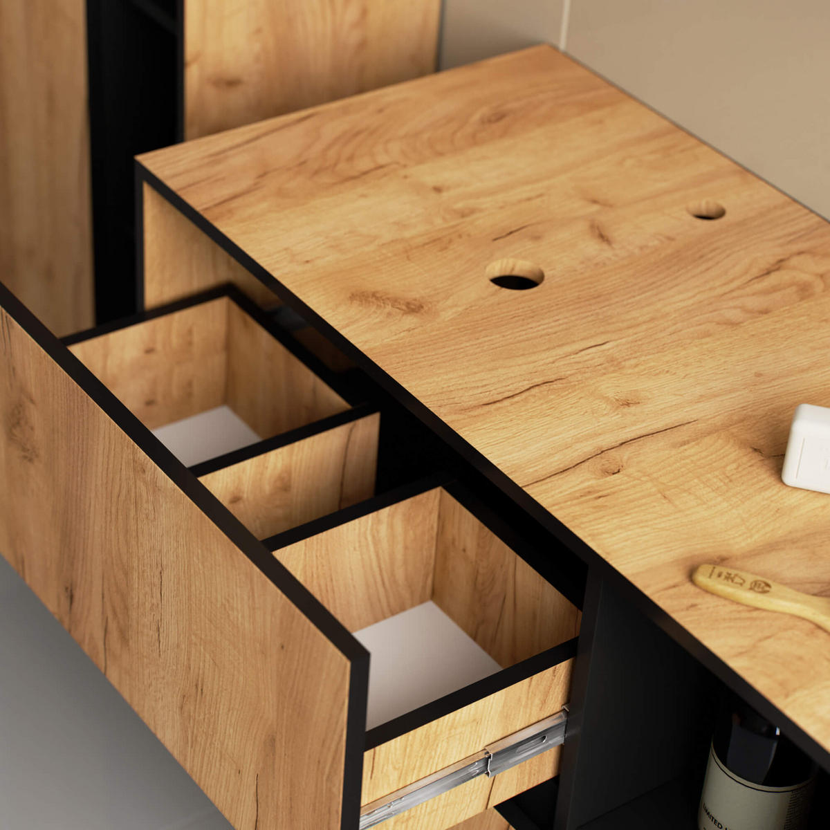 WASCHBECKENUNTERSCHRANK Vami Craft-Eichenfarben, Schwarz - Eichefarben/Schwarz, Holzwerkstoff (90/60/45.5cm) - Akord